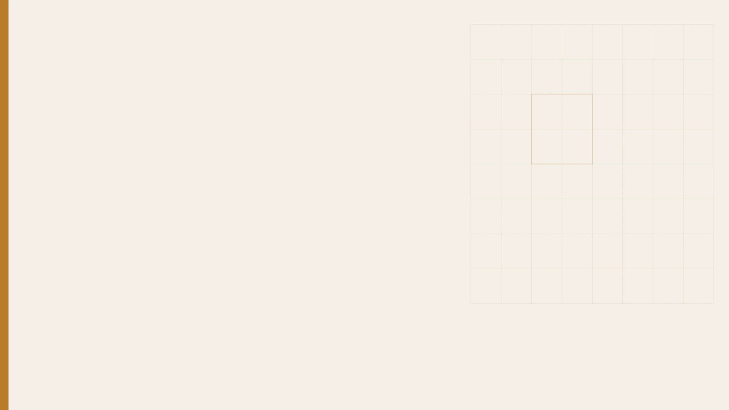 Editorial cover graphic with a blueprint grid motif in gold on cream.